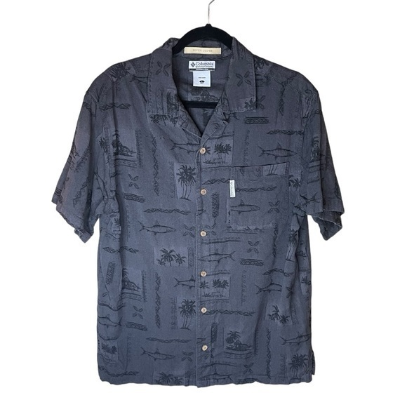 Columbia River Lodge Black Short Sleeve Button Up Palm Trees Fish Size Large - Picture 1 of 7